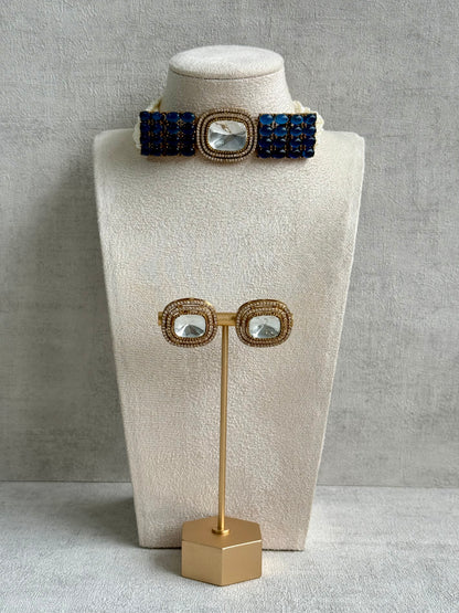 Ayura Designs Emma Choker Set – Sapphire Blue Gemstone Choker & Studs with Mirror-Cut Centrepiece, Pearl Strands & Crystal Borders