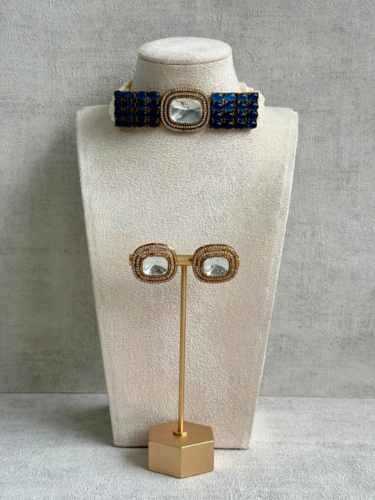 Ayura Designs Emma Choker Set – Sapphire Blue Gemstone Choker & Studs with Mirror-Cut Centrepiece, Pearl Strands & Crystal Borders