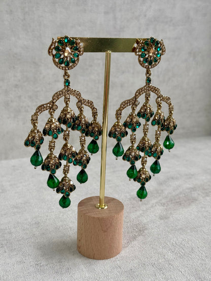 Ayura Designs Jasmine Earrings – Chandelier Earrings with Emerald Green Beads & Antique Gold Detailing