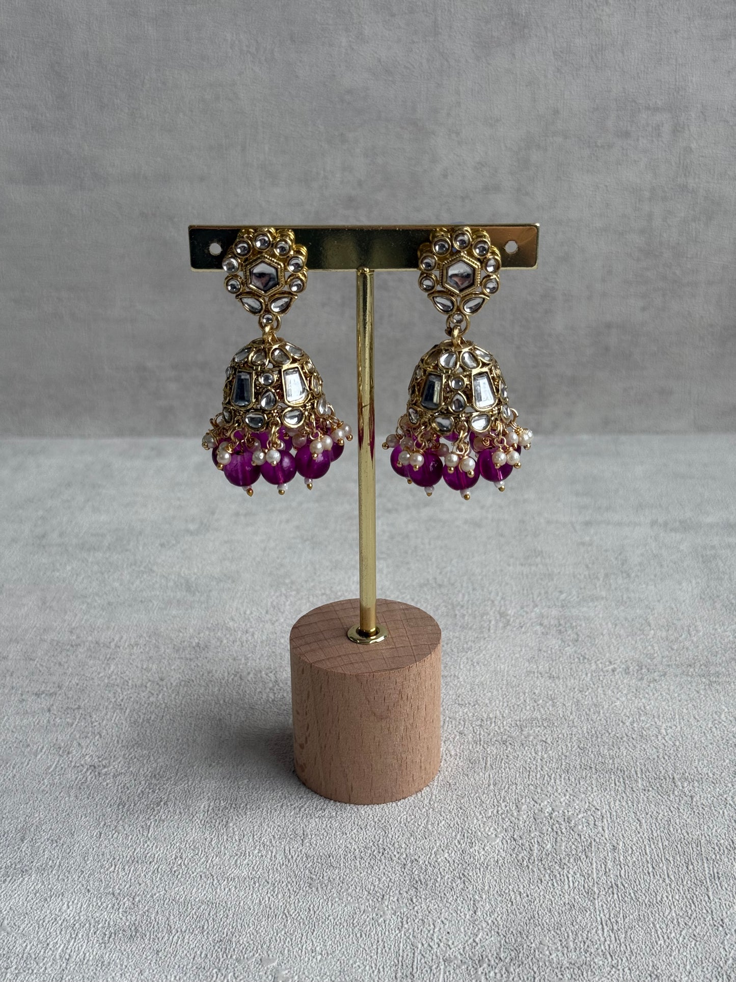 Ayura Designs Shaheen Set with Jhumkis & Tikka – Magenta Beads, Mirror Kundan & Gold Finish