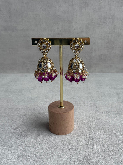 Ayura Designs Shaheen Set with Jhumkis & Tikka – Magenta Beads, Mirror Kundan & Gold Finish