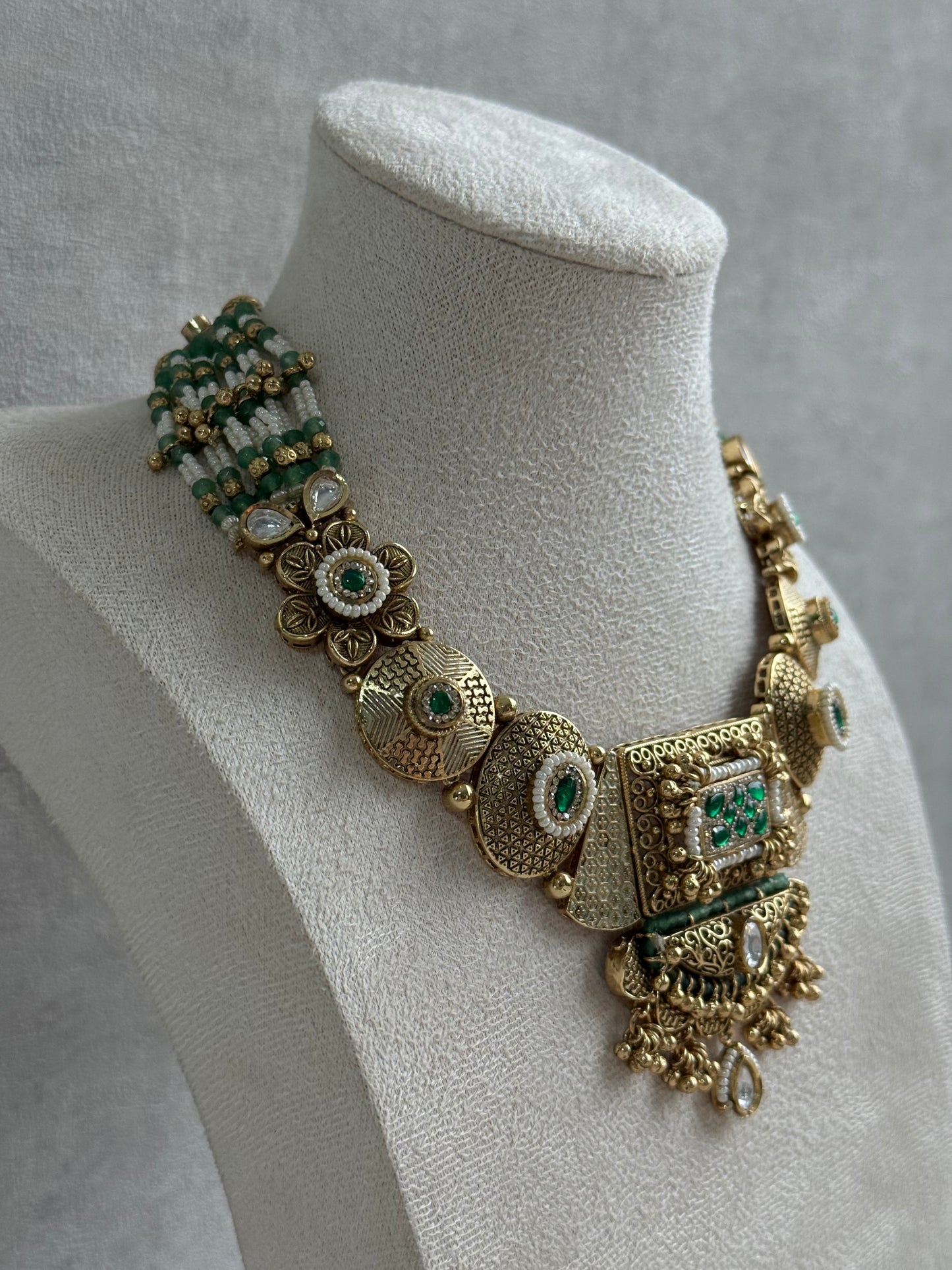 Ayura Designs Purvi Set – Necklace & Earrings with Antique Gold Filigree, Emerald & Pearl Detailing