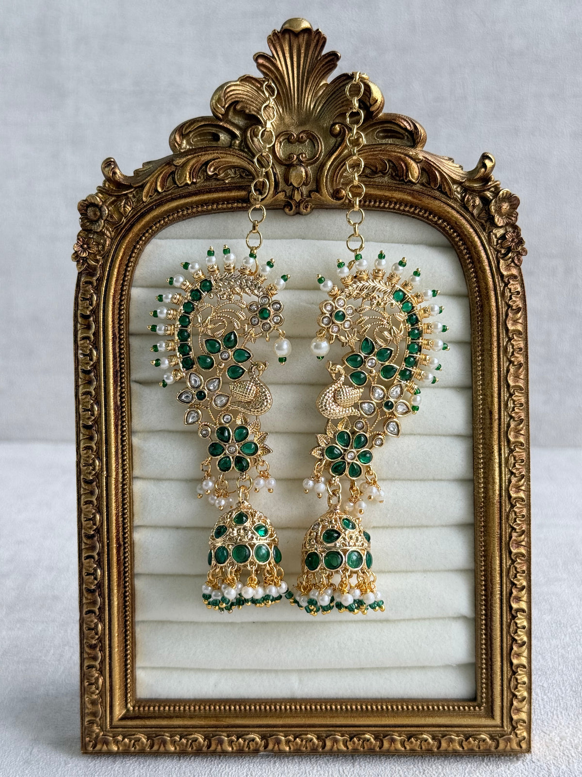 Ayura Designs Nitya Kaanphool Jhumkis – Gold Peacock Motifs, Emerald Green Kundan & Pearl Drops with Attached Sahare