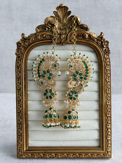 Ayura Designs Nitya Kaanphool Jhumkis – Gold Peacock Motifs, Emerald Green Kundan & Pearl Drops with Attached Sahare
