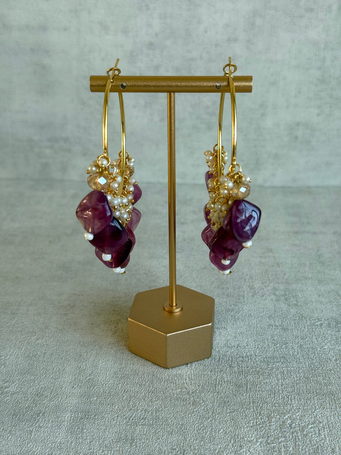 Ayura Designs Heer Balis – Gold Hoops with Amethyst Plum Marble Beads, Pearls & Crystal Detailing