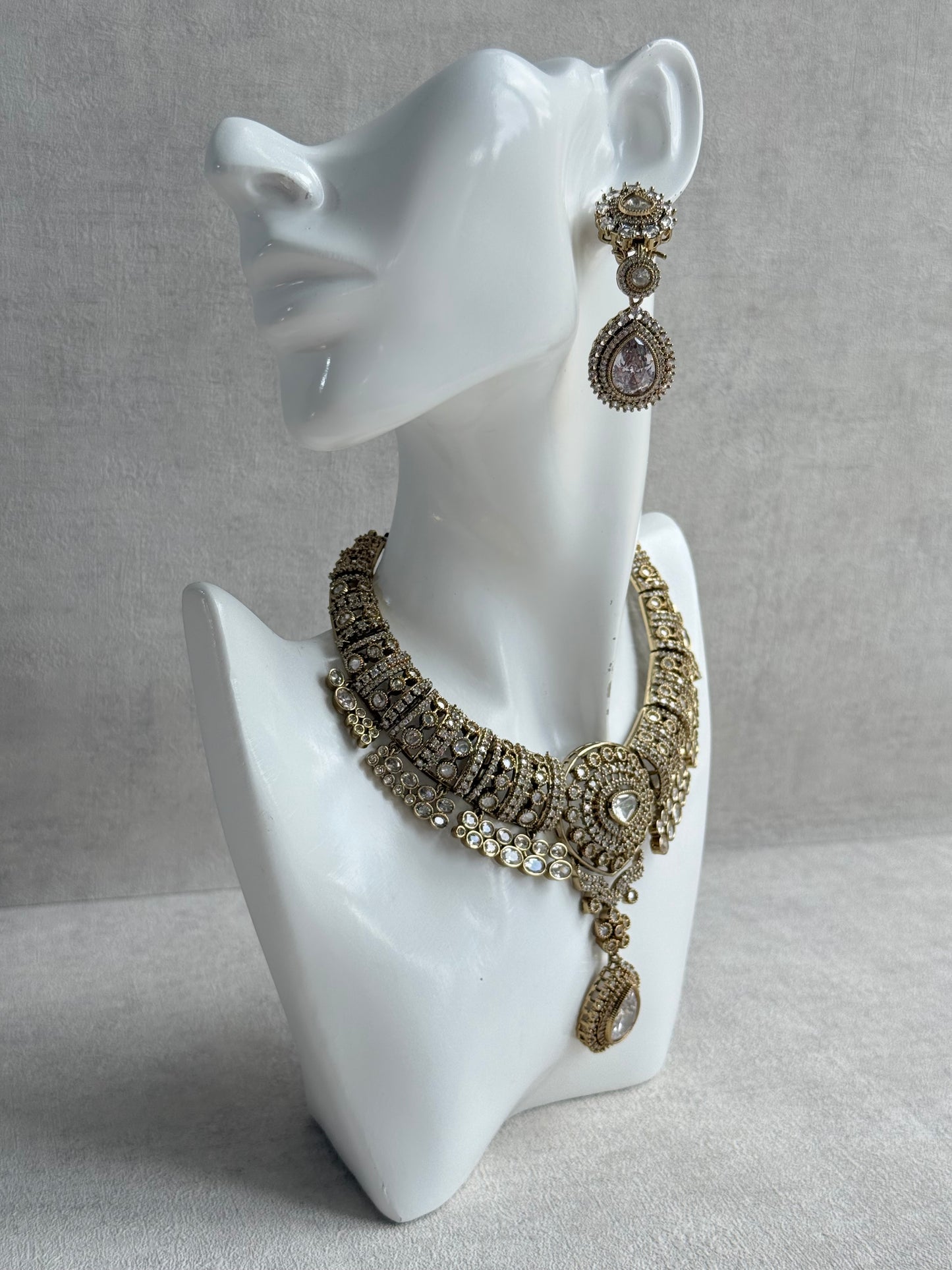 Ayura Designs Ahana Necklace Set with Earrings – Crystal Teardrop Stones & Moissanite Detailing
