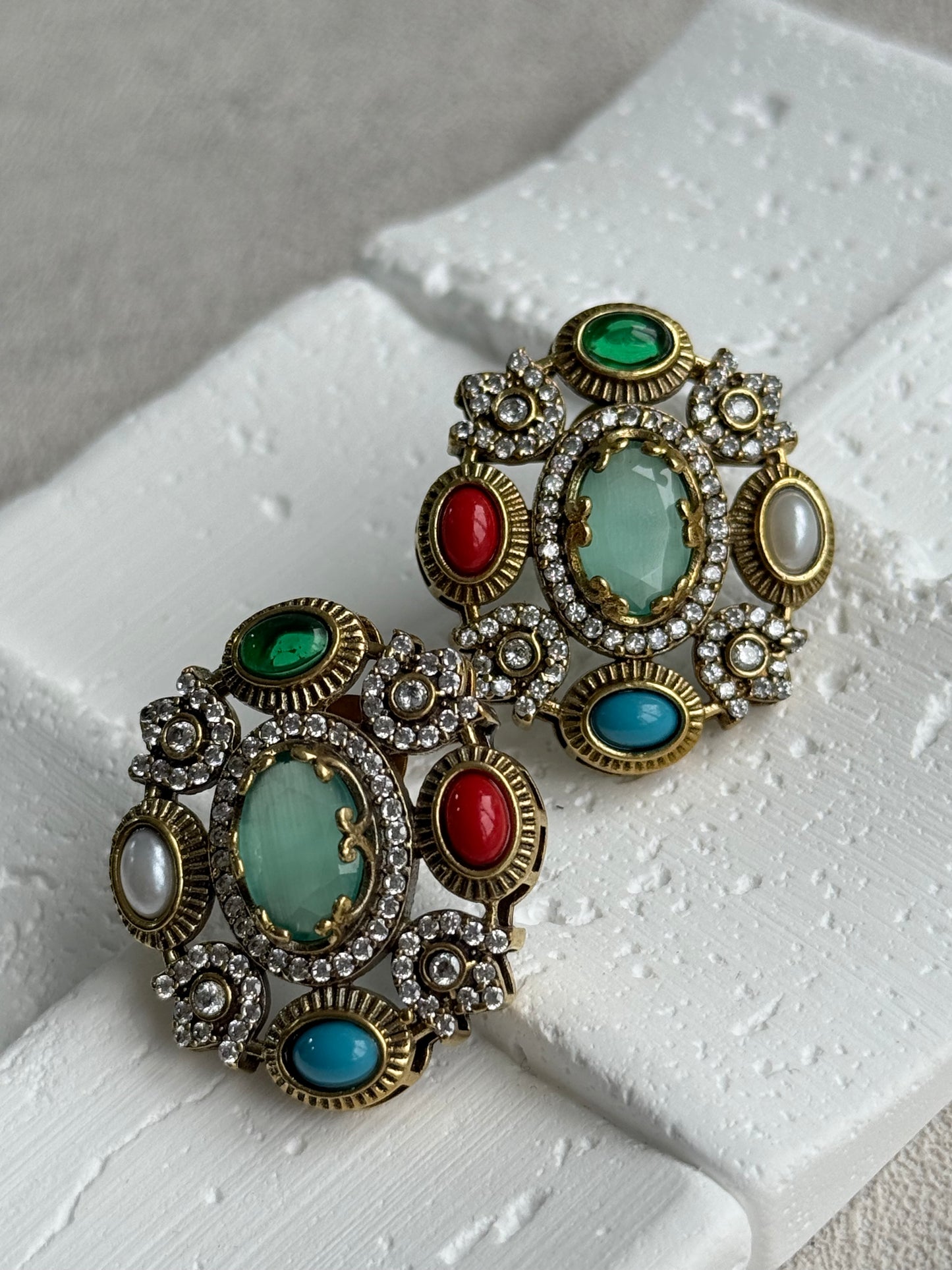 Ayura Designs Celia Stud Earrings – Sea Green & Multicolour Stones with Gold Finish