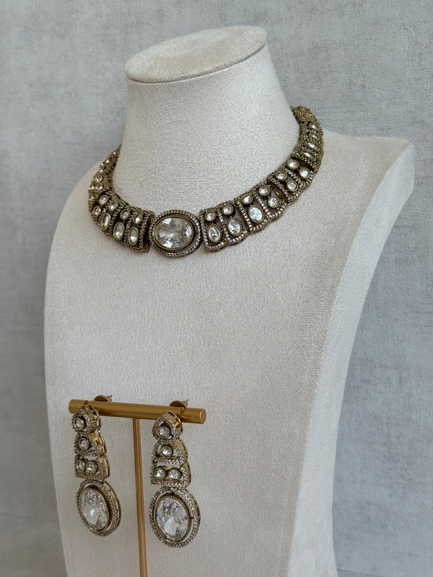 Ayura Designs Sadie Necklace Set with Earrings – Moissanite Style Stones & Crystal Halo Detailing