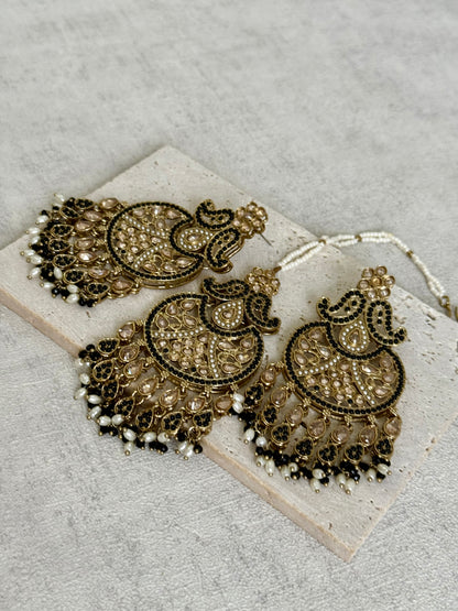 Ayura Designs Anvi Tikka Set with Earrings – Black with Champagne Stones & Pearl Drops