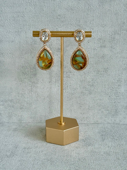 Ayura Designs Lilly Necklace Set with Earrings – Moissanite Stones with Marble Green Teardrop Pendant & Crystal Detailing