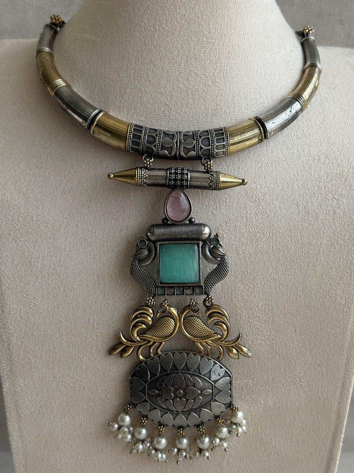 Ayura Designs Tansen Necklace Set with Earrings – Dual Tone Oxidised Necklace with Bird Motifs, Aqua Centre Stone & Pearl Detailing
