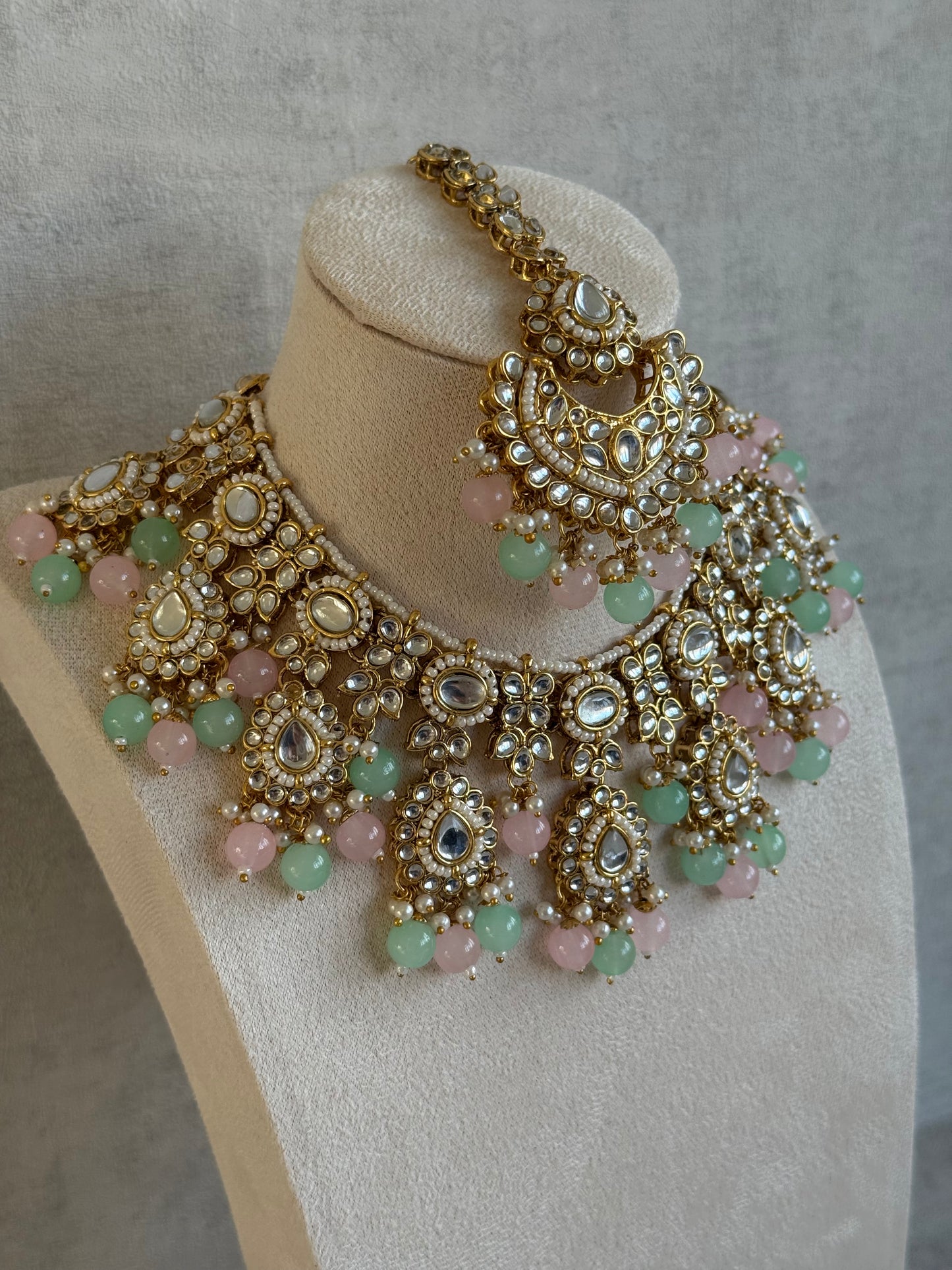 Ayura Designs Iyla Set with Necklace, Earrings & Tikka – Kundan Detailing, Ivory Pearl Drops & Mint & Blush Beads