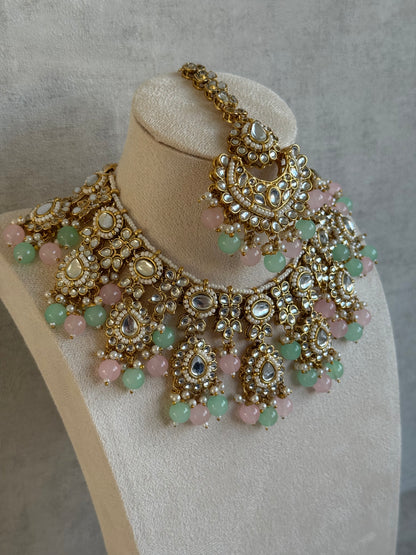 Ayura Designs Iyla Set with Necklace, Earrings & Tikka – Kundan Detailing, Ivory Pearl Drops & Mint & Blush Beads