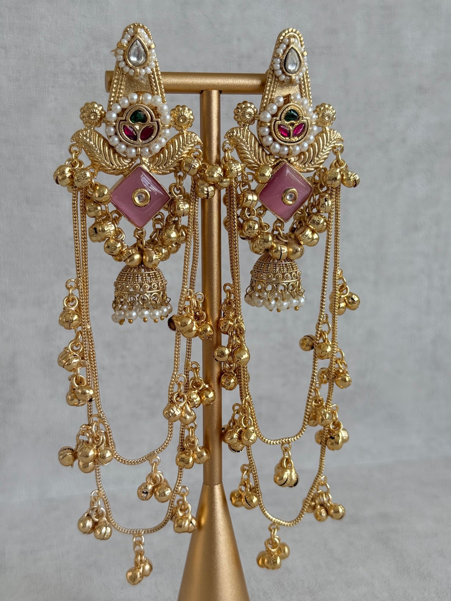 Ayura Designs Simal Earrings – Kashmiri Earrings with Pink Stone, Multicoloured Detailing, Layered Ghungroo Chains & Jhumkis