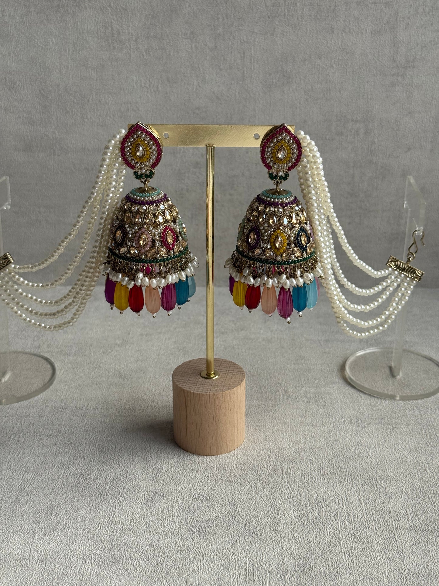 Ayura Designs Amrita Set – Jhumkis with Sahare & Tikka in Multicolour Beads, Pearls and Antique Gold Finish