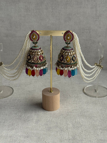 Ayura Designs Amrita Set – Jhumkis with Sahare & Tikka in Multicolour Beads, Pearls and Antique Gold Finish