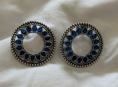 Ayura Designs Kesar Studs – Statement Oxidised Stud Earrings with Ink Blue Stones