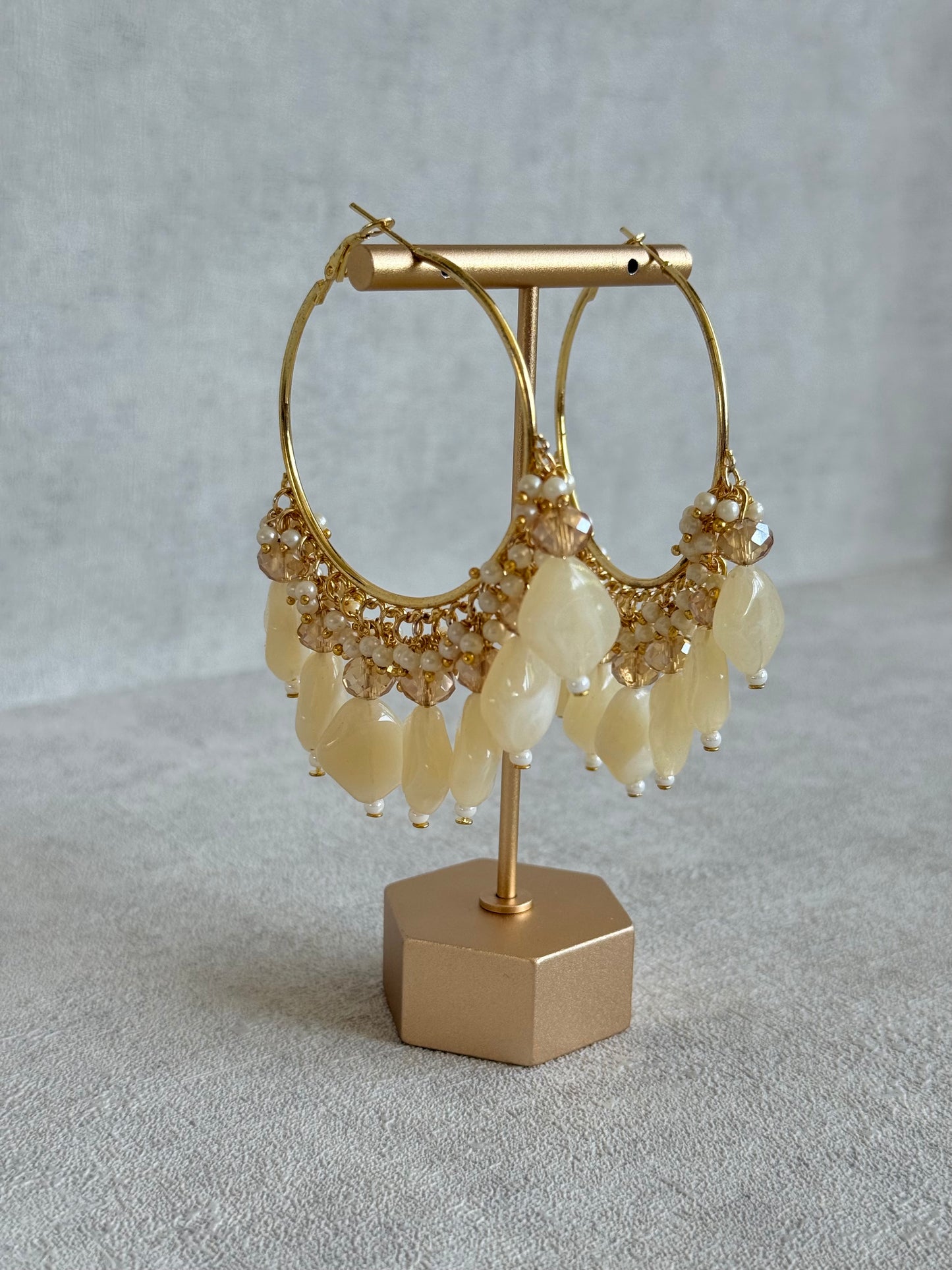 Ayura Designs Heer Balis – Gold Hoops with Ivory Pearl Marble Beads, Pearls & Crystal Detailing