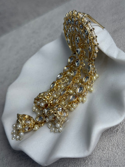 Ayura Designs Enjal Hair Brooch – Crescent Polki Design with Jhumki Tassels & Pearl Detailing