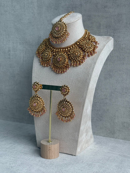 Ayura Designs Rummy Set – Statement Necklace, Earrings & Tikka with Blush Pink Beads and Polished Gold Finish
