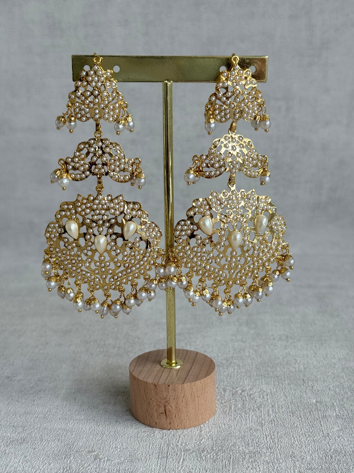 Ayura Designs Zarrar Earrings – Gold Jadau Filigree Statement Earrings with Pearl Drops