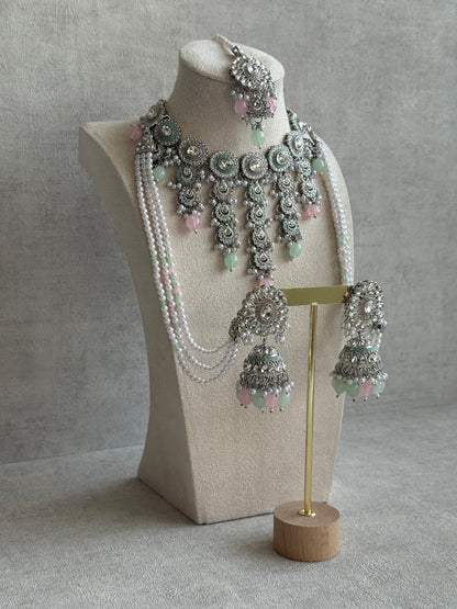 Ayura Designs Nawal Set – Necklace, Jhumkis, Tikka & Detachable Sahare with Mint & Blush Beads, Pearls & Antique Silver Finish