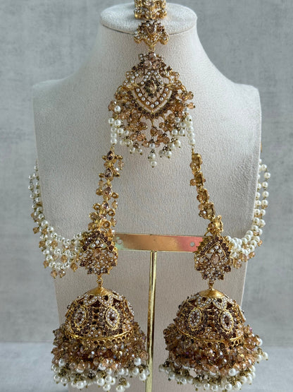 Ayura Designs Safia Tikka Set with Sahare Earrings – Champagne Gold Beads & Pearls