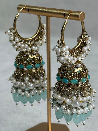 Ayura Designs Jugni Jhumkis – Antique Gold Balis with Aqua Beads & Pearl Clusters