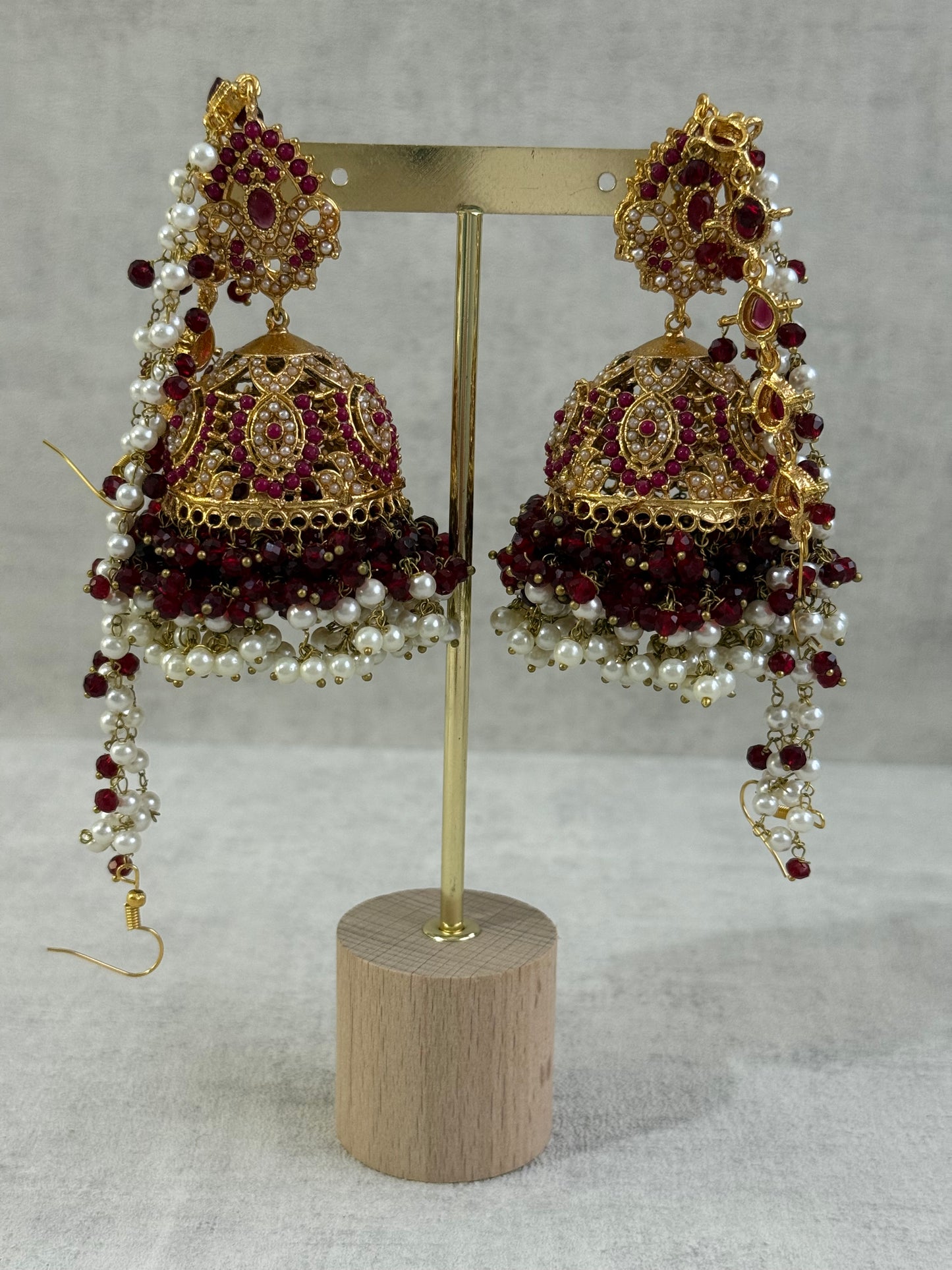 Ayura Designs Noor Set – Choker, Jhumkis with Sahare & Tikka in Maroon with Pearl Detailing