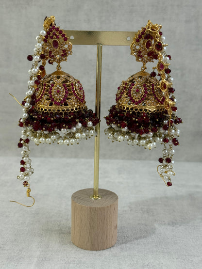 Ayura Designs Noor Set – Choker, Jhumkis with Sahare & Tikka in Maroon with Pearl Detailing