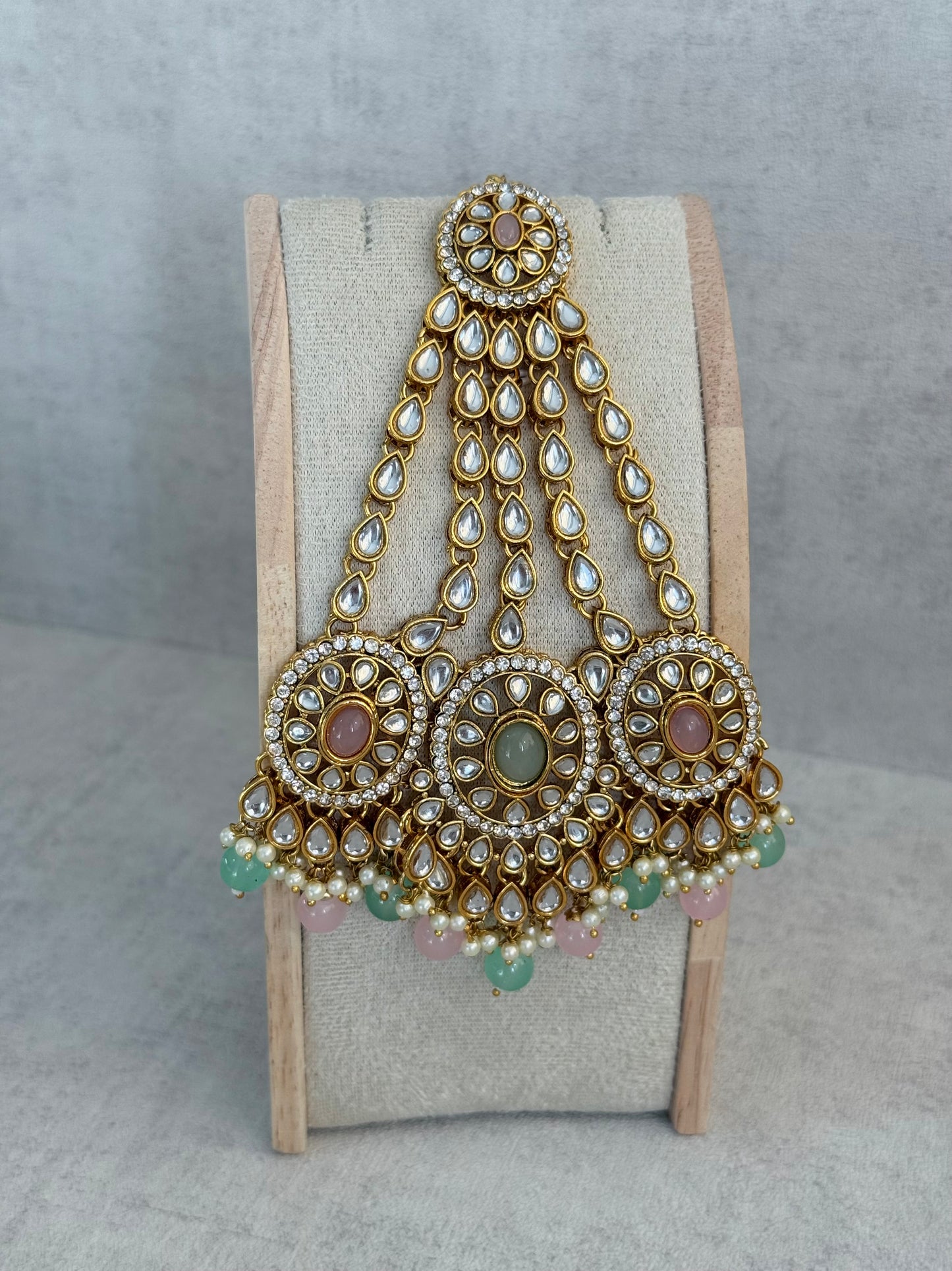Ayura Designs Zara Set with Necklace, Earrings, Tikka & Passa – Antique Gold with Kundan Detailing & Mint Green & Blush Pink Beads