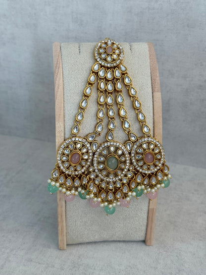 Ayura Designs Zara Set with Necklace, Earrings, Tikka & Passa – Antique Gold with Kundan Detailing & Mint Green & Blush Pink Beads