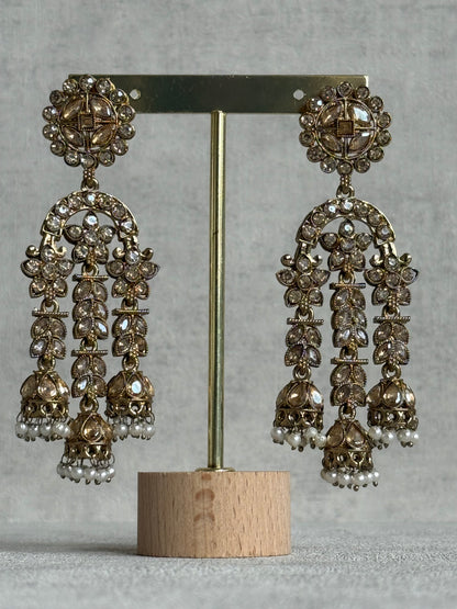 Ayura Designs Soraya Earrings – Champagne Stones, Mirror-Cut Crystals, Pearl Detailing & Gold Finish