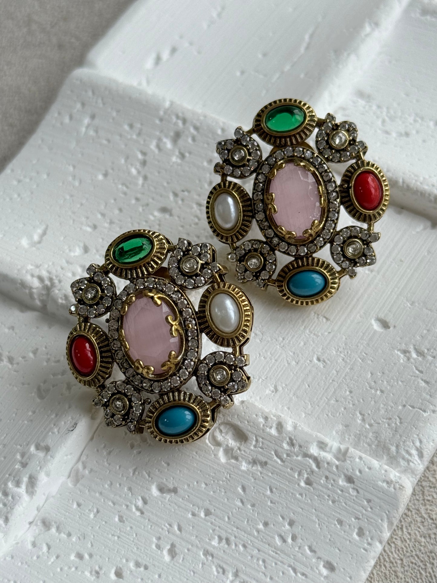 Ayura Designs Celia Stud Earrings – Blush Pink & Multicolour Stones with Gold Finish