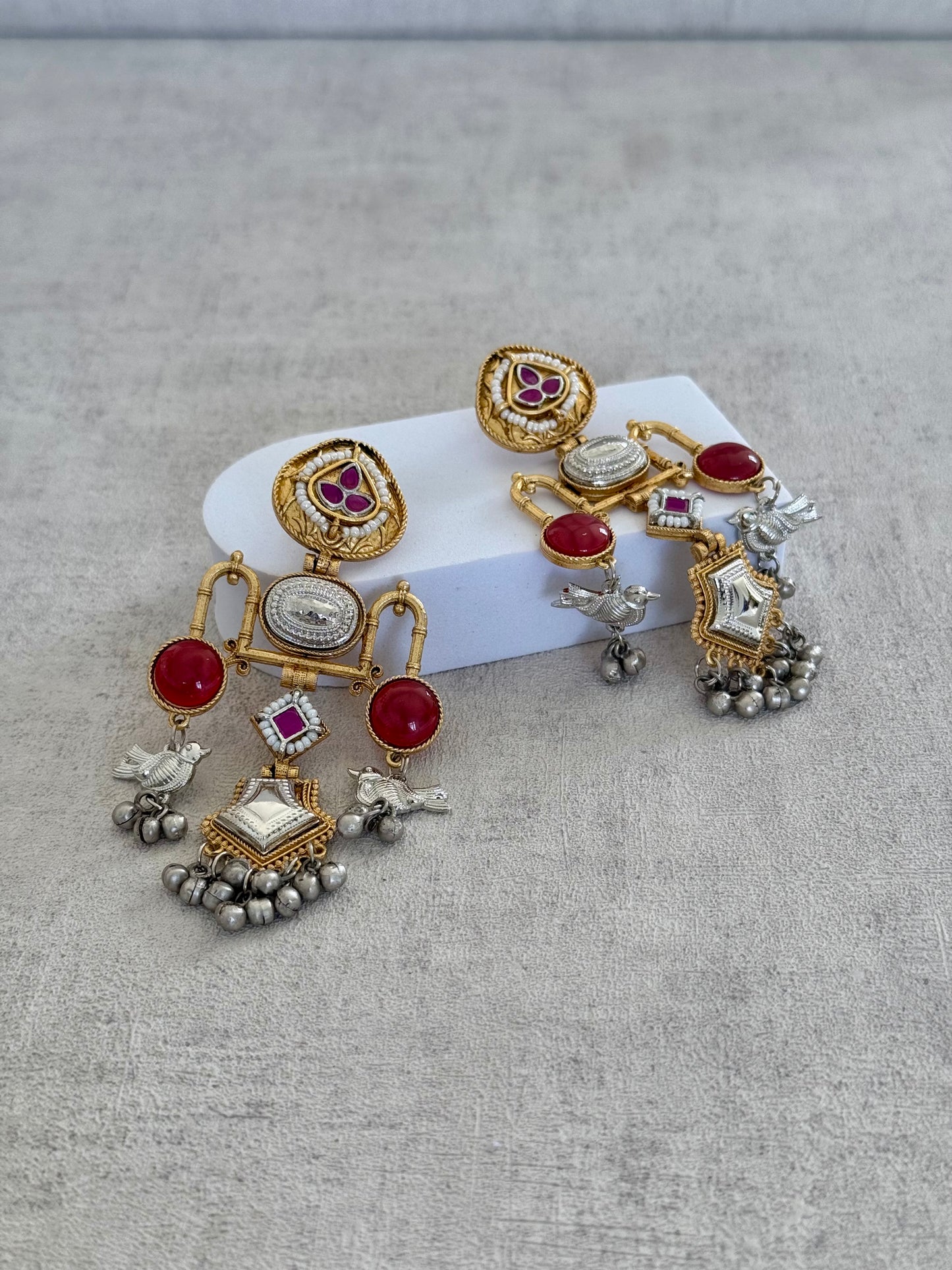 Ayura Designs Amzie Earrings - Exquisitely Handcrafted in Brass with Silver Accents, Ruby Embellishments, and Delicate Bird Motif Charms