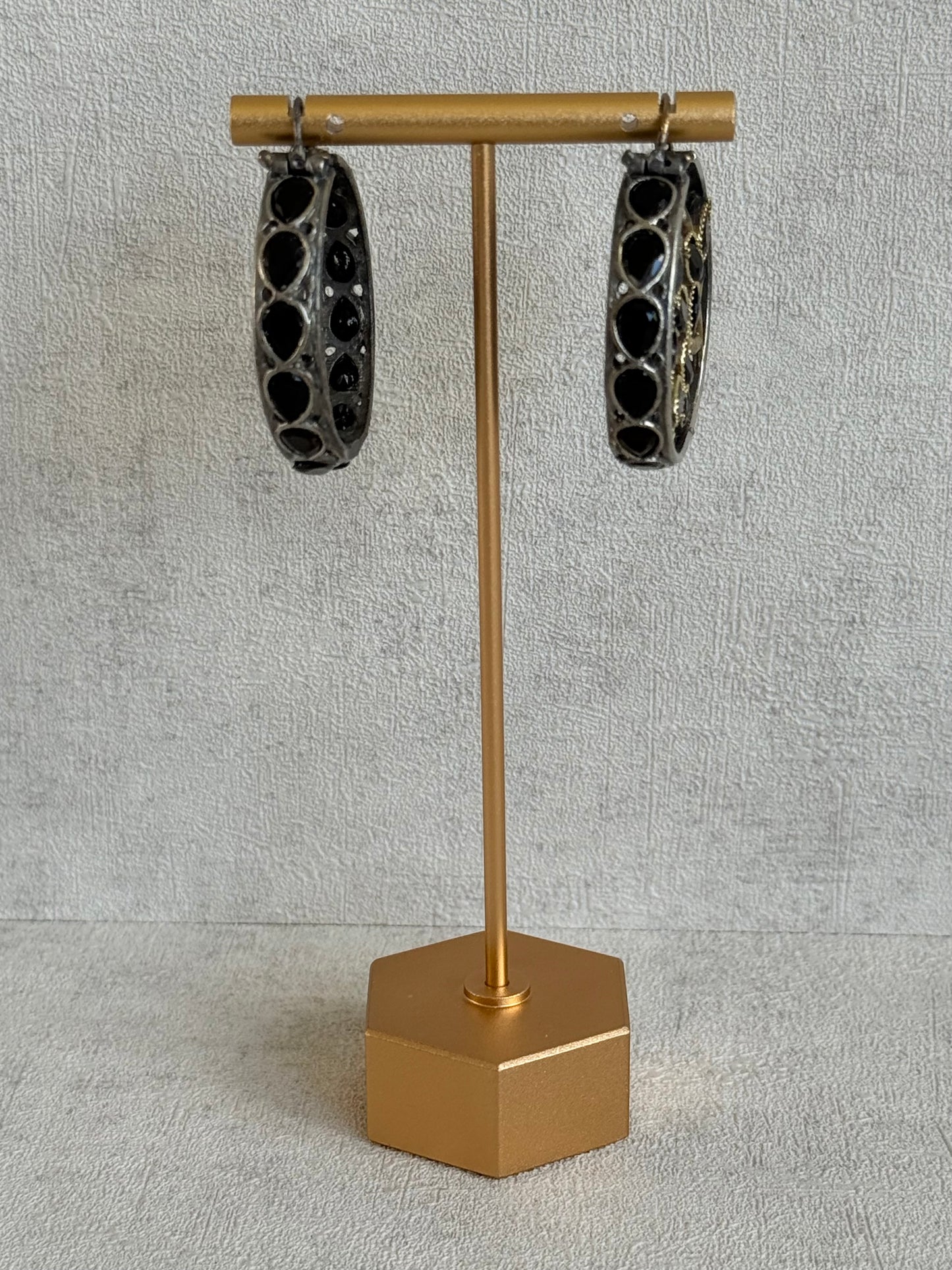 Ayura Designs Nureh Earrings – Dual Tone Floral Hoop Earrings with Black Stones & Cutwork Detailing