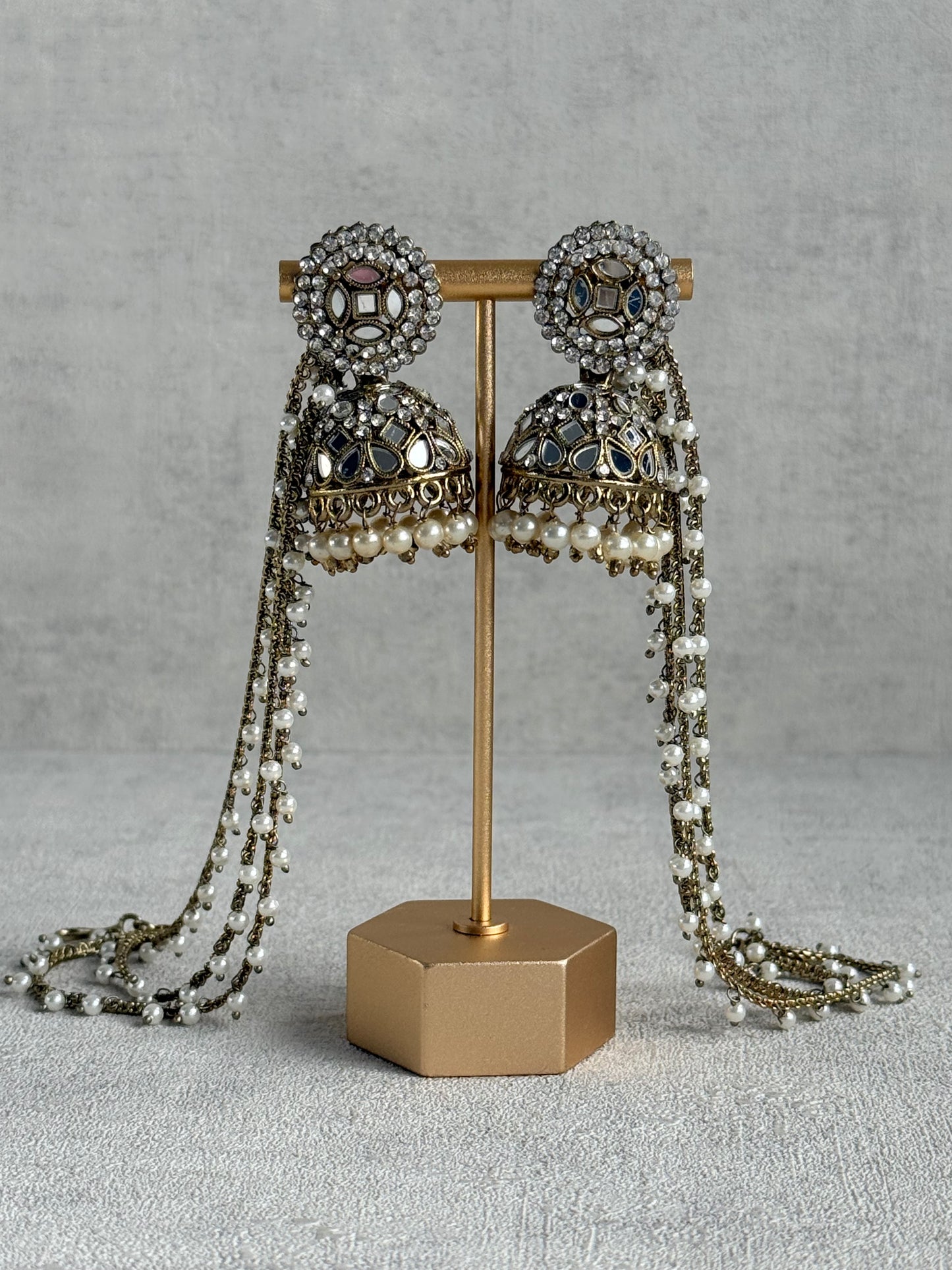 Ayura Designs Aaina Jhumkis – Antique Gold Mirror & Crystal Earrings with Detachable Triple-Layer Pearl Sahare