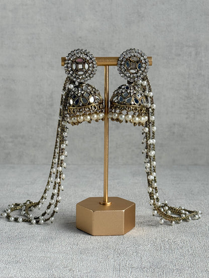 Ayura Designs Aaina Jhumkis – Antique Gold Mirror & Crystal Earrings with Detachable Triple-Layer Pearl Sahare
