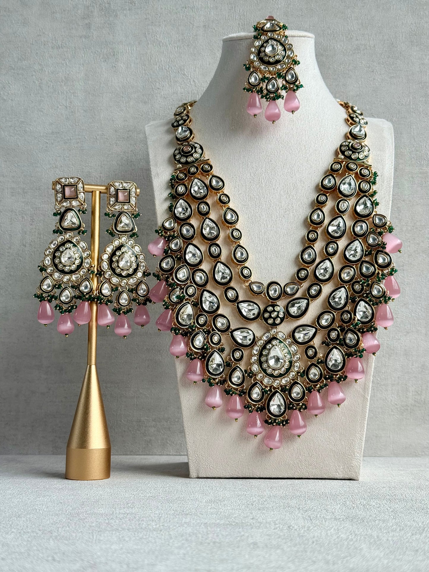 Ayura Designs Zahira Bridal Set with Necklace, Earrings & Tikka – Kundan Detailing with Blush Pink Drops, Green Enamel & Green Bead Accents