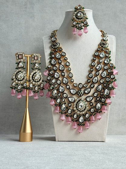 Ayura Designs Zahira Bridal Set with Necklace, Earrings & Tikka – Kundan Detailing with Blush Pink Drops, Green Enamel & Green Bead Accents