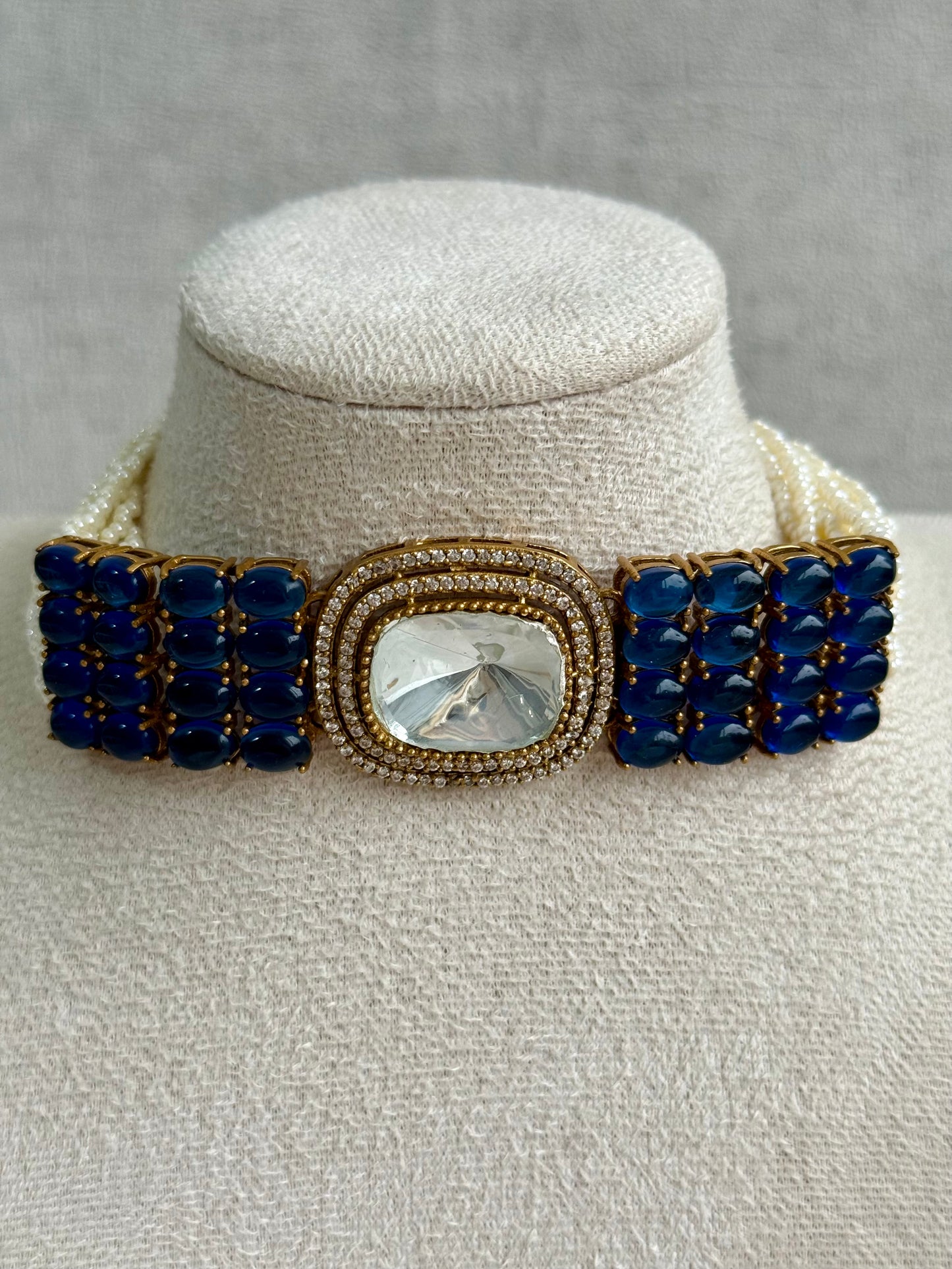Ayura Designs Emma Choker Set – Sapphire Blue Gemstone Choker & Studs with Mirror-Cut Centrepiece, Pearl Strands & Crystal Borders