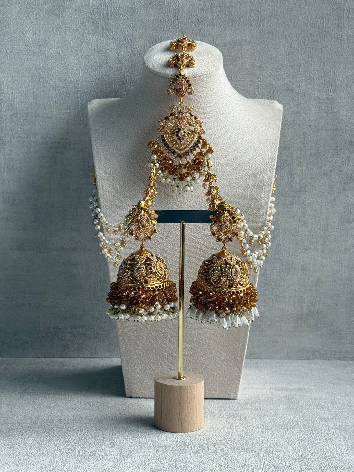 Ayura Designs Safia Tikka Set with Sahare Earrings – Champagne Gold Beads & Pearls