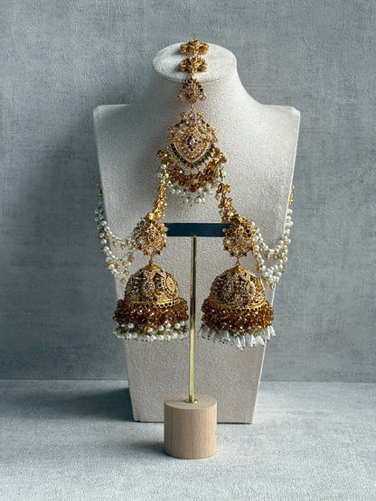 Ayura Designs Safia Tikka Set with Sahare Earrings – Champagne Gold Beads & Pearls