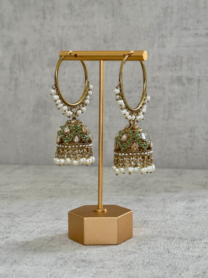 Ayura Designs Jugni Bali Jhumkas – Antique Gold with Pastel Green & Pearl Accents