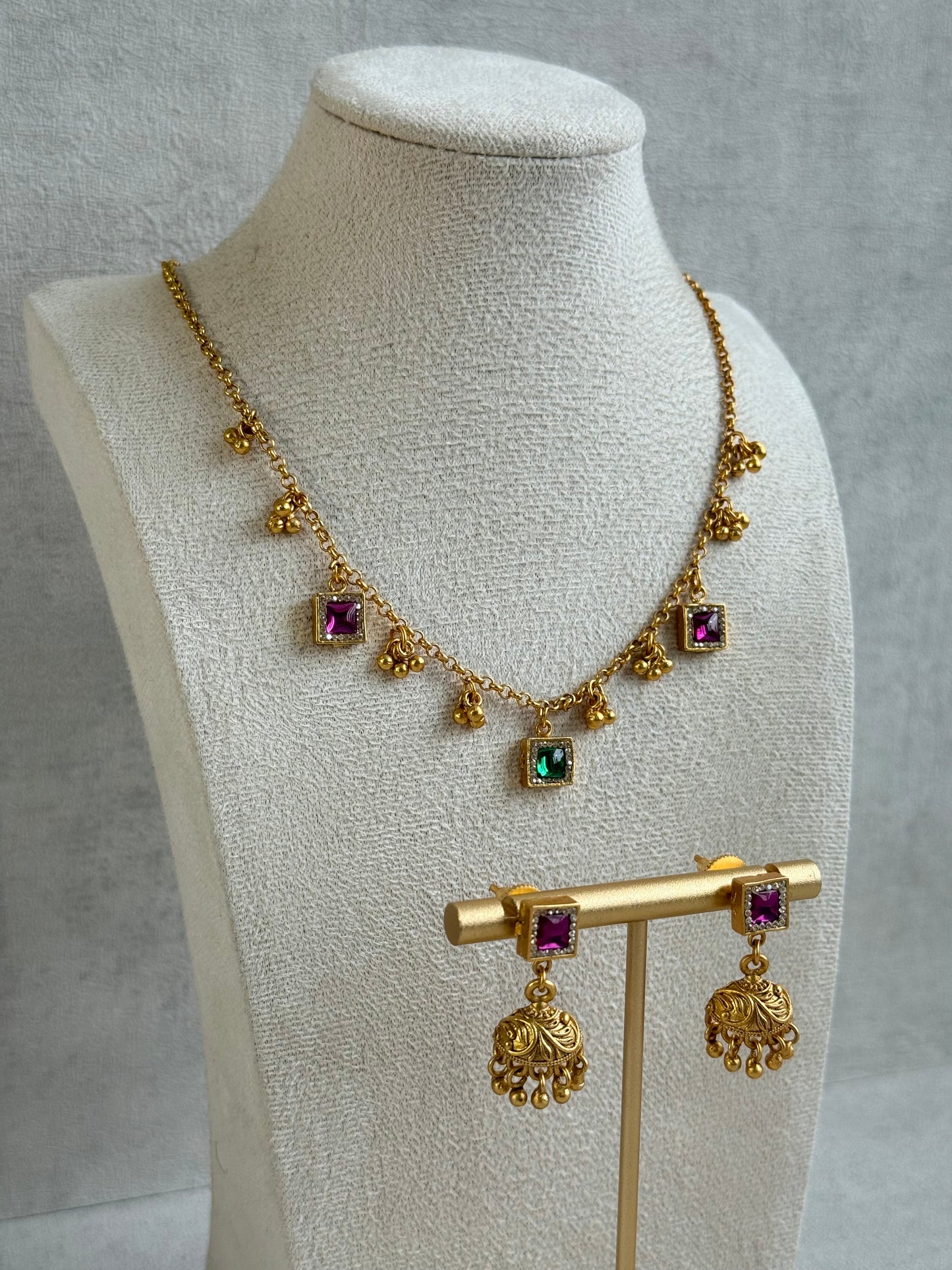 Ayura Designs Smita Set with Necklace & Earrings – Ruby Pink & Emerald Green Stones with Gold-Tone Ghungroo Detailing