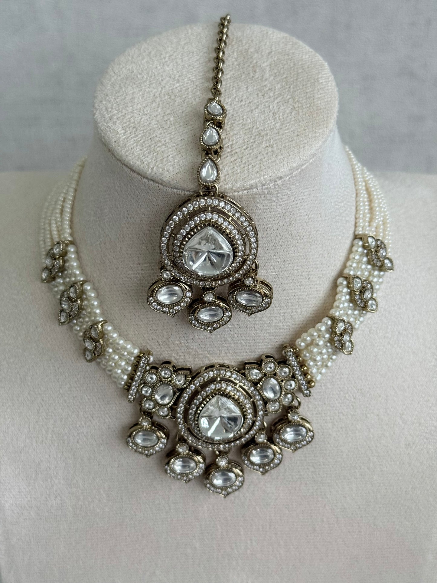 Ayura Designs Rahi Necklace Set with Earrings & Tikka – Ivory Pearl Stones with Mirror-Cut Detailing & Pearl Strands