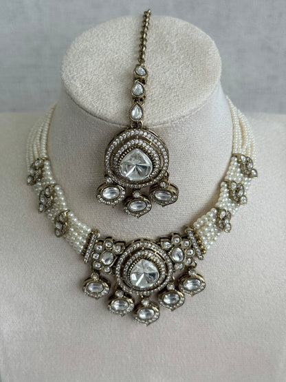 Ayura Designs Rahi Necklace Set with Earrings & Tikka – Ivory Pearl Stones with Mirror-Cut Detailing & Pearl Strands
