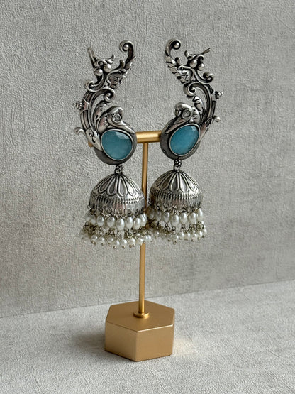 Ayura Designs Manzil Earrings – Oxidised Silver Ear Cuff Jhumkis with Aqua Stones & Pearl Detailing