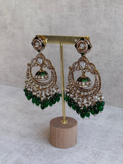 Ayura Designs Reha Earrings – Statement Chandbalis with Emerald Green Beads, Pearls & Mirror-Cut Stones