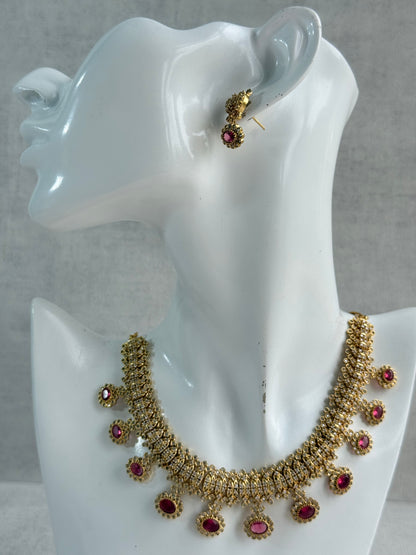 Ayura Designs Elisha Necklace Set with Earrings – Rani Pink & Crystal Stone Detailing